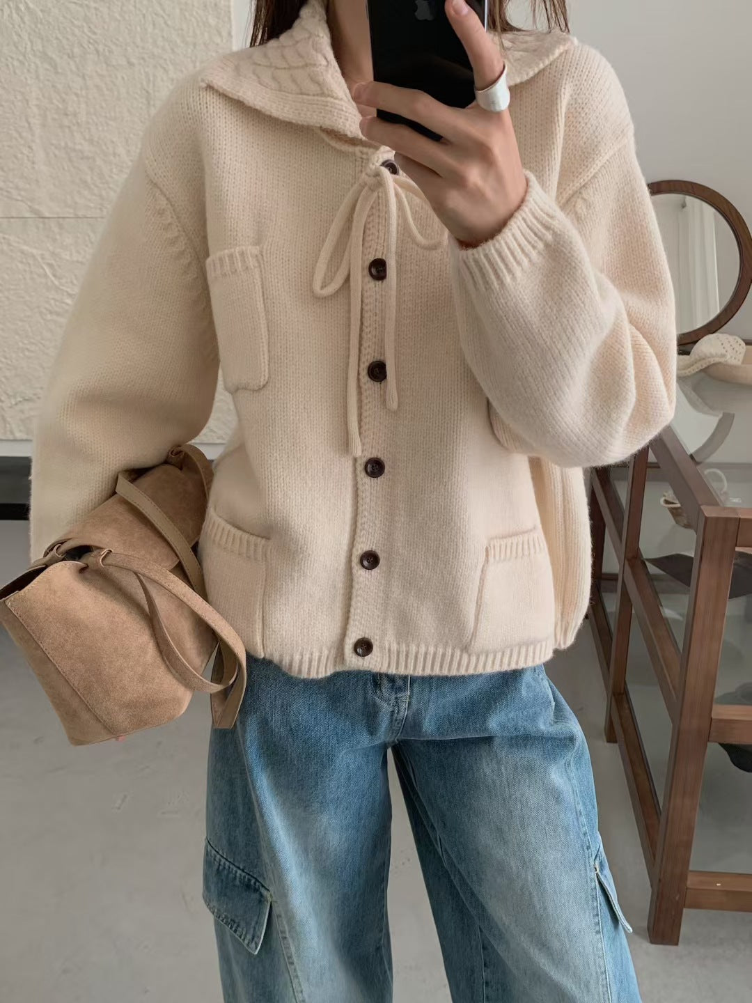 Lapel Loose Knitted Cardigan Casual Women's Sweater