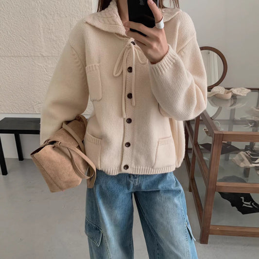 Lapel Loose Knitted Cardigan Casual Women's Sweater